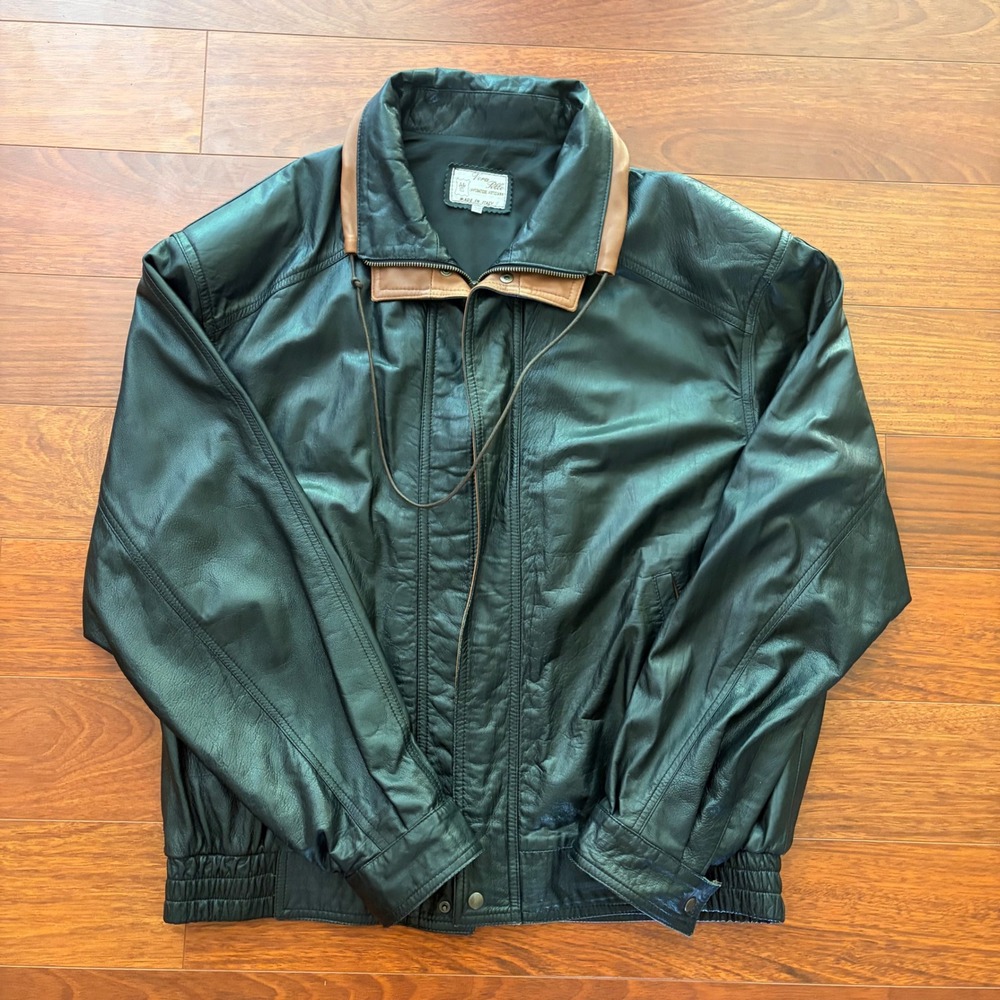 Vera Pelle Mens Leather Bomber Jacket Size 58 Black Made in Italy Vintage 90s